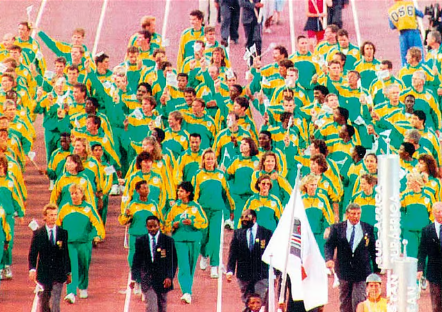 The South African team march around the Olympic Stadium in Barcelona, Spain, Saturday, July, 25, 1992, during opening ceremonies for the XXV Olympic Summer Games
