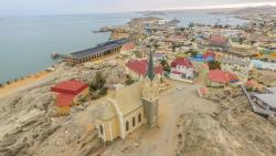 aerial view of Luderitz Bay with Felsenkirche Church which was consecrated in 1912. 