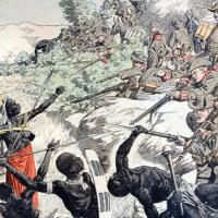 A painting depicts German soldiers shooting Herero people in 1904. Photograph: Chris Hellier/Corbis via Getty Images